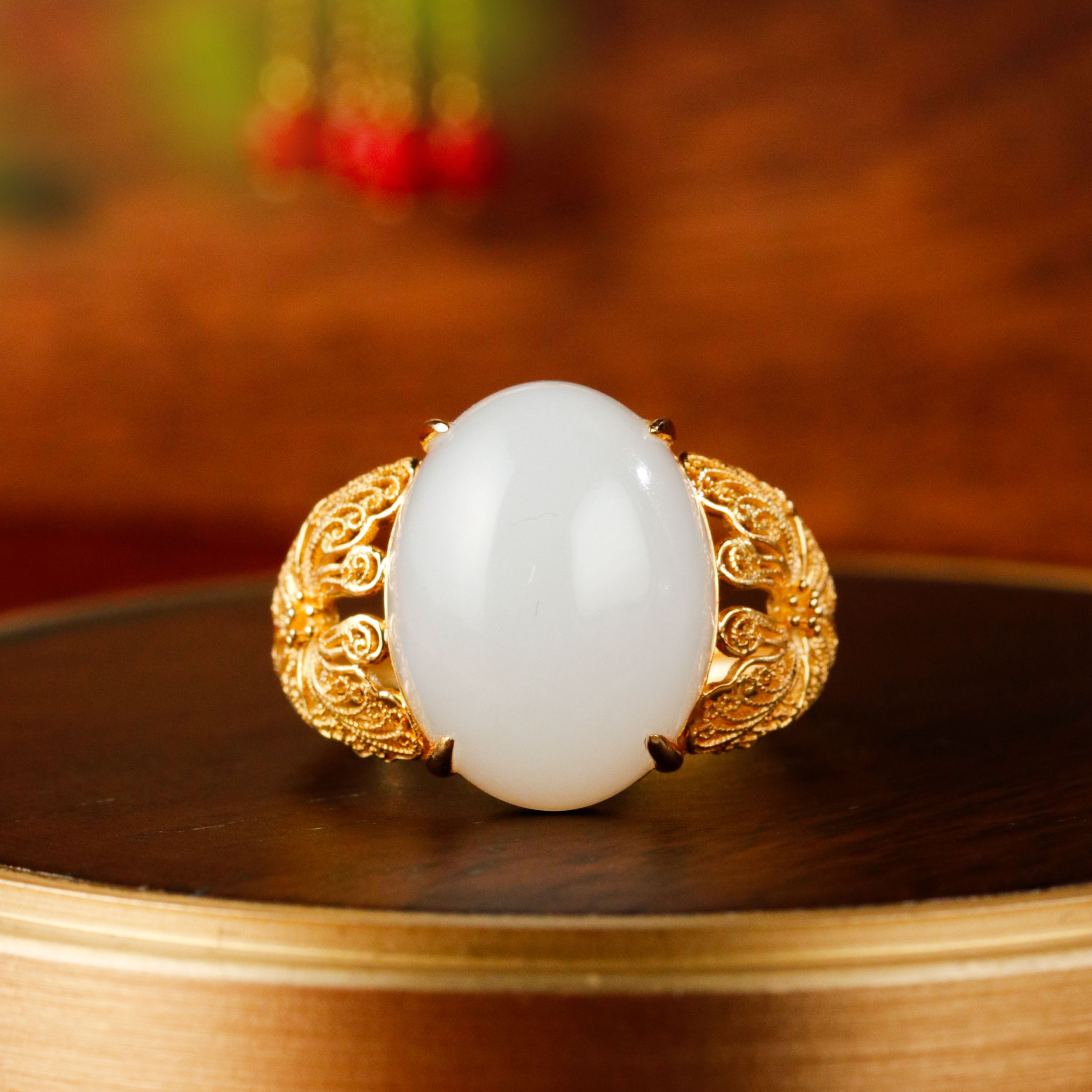 白玉世家国色天骄/18K金山流水花丝戒指