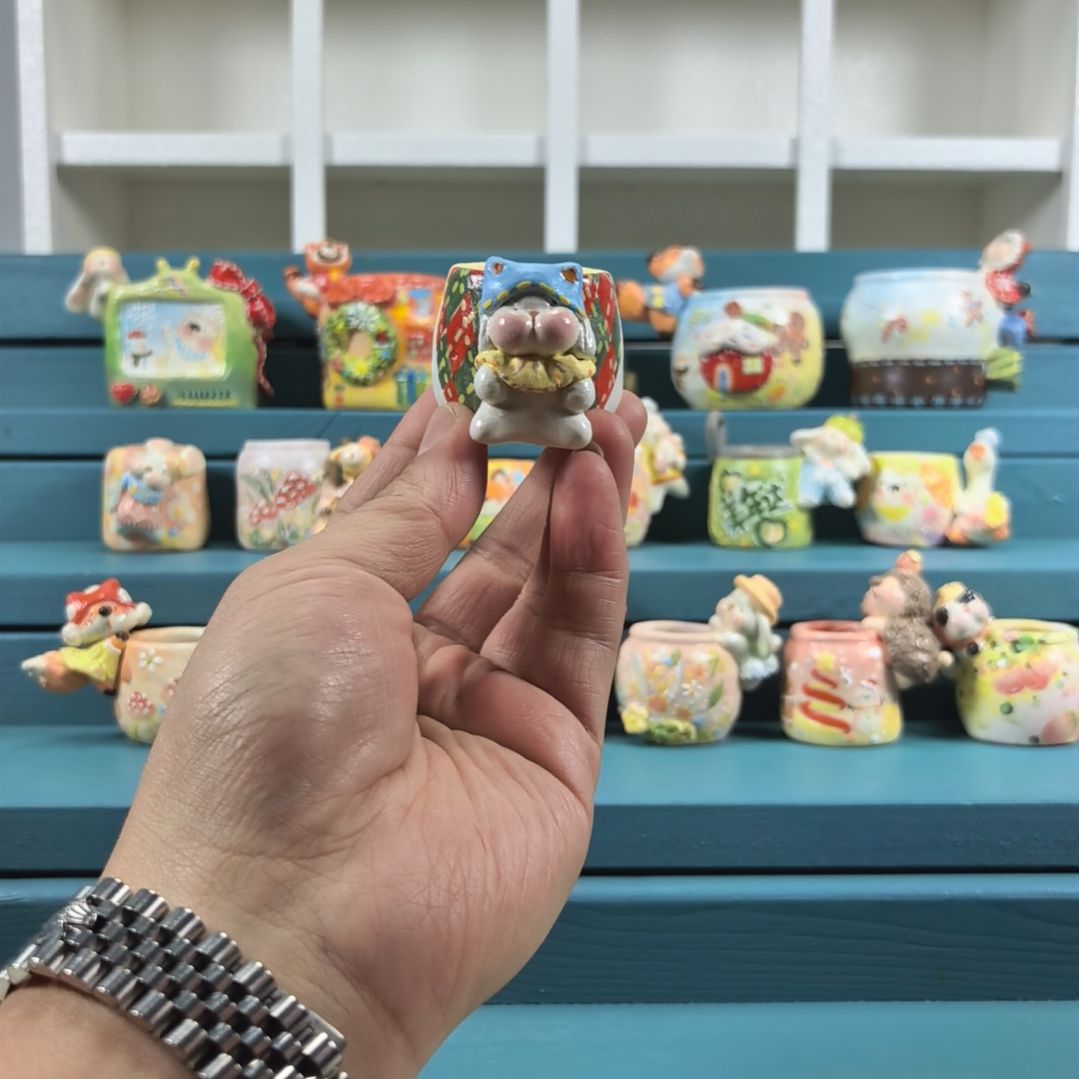 老虎帽小兔 手绘多肉花盆