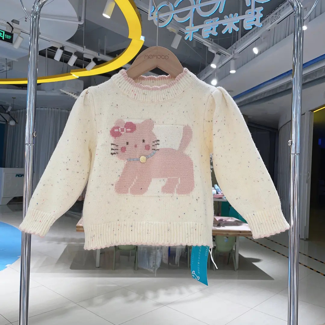 MOMOCO2025秋冬女宝可爱粉色猫咪圆领套头针织毛衣77830230051