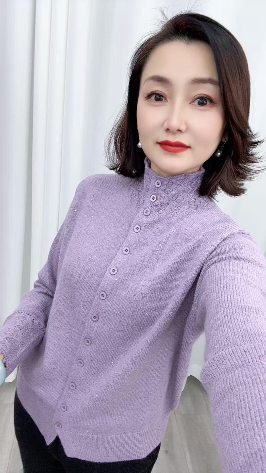 细闪蜜熊【绵羊毛】亮片开衫翻领保暖钩花毛衣时尚百搭气质