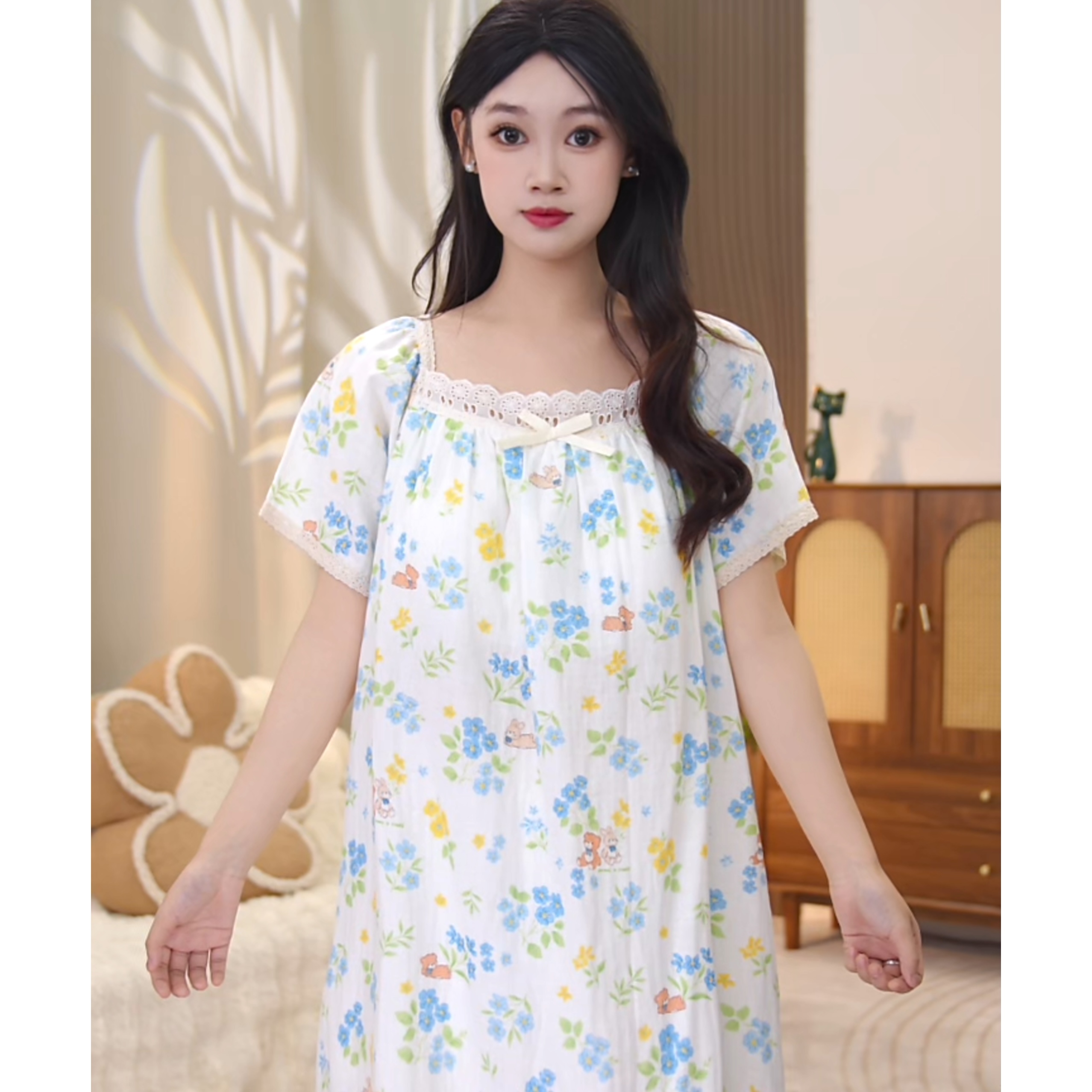 菲菲家【花兔小熊】2025年新款纯棉睡裙女夏季高级家居服AFF