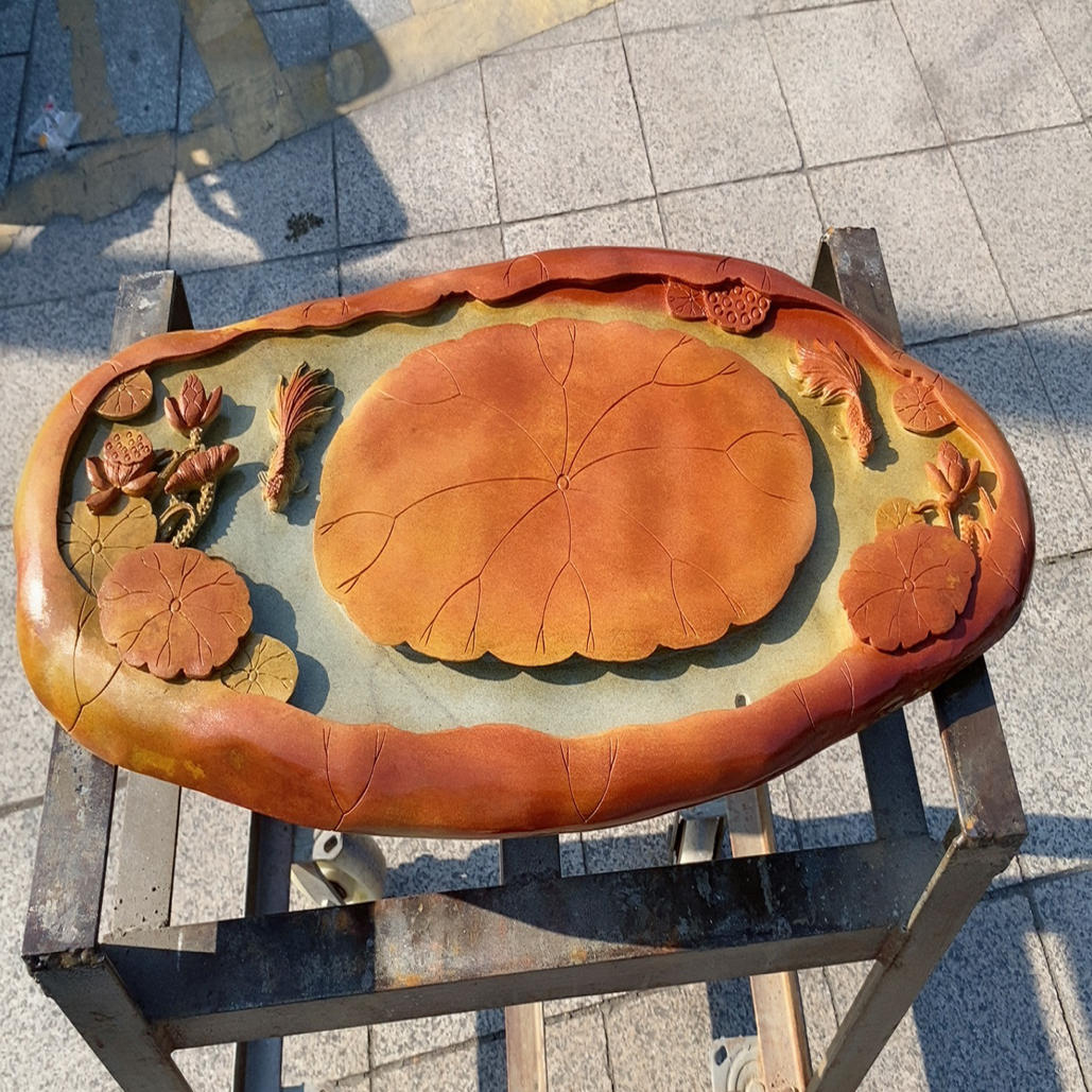 天然石皮端砚红皮绿端茶盘荷塘月色精品批发