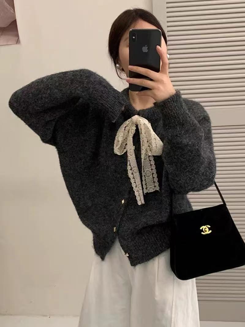 设计感蕾丝系带针织毛衣开衫女新款秋冬季慵懒风百搭软糯针织外套