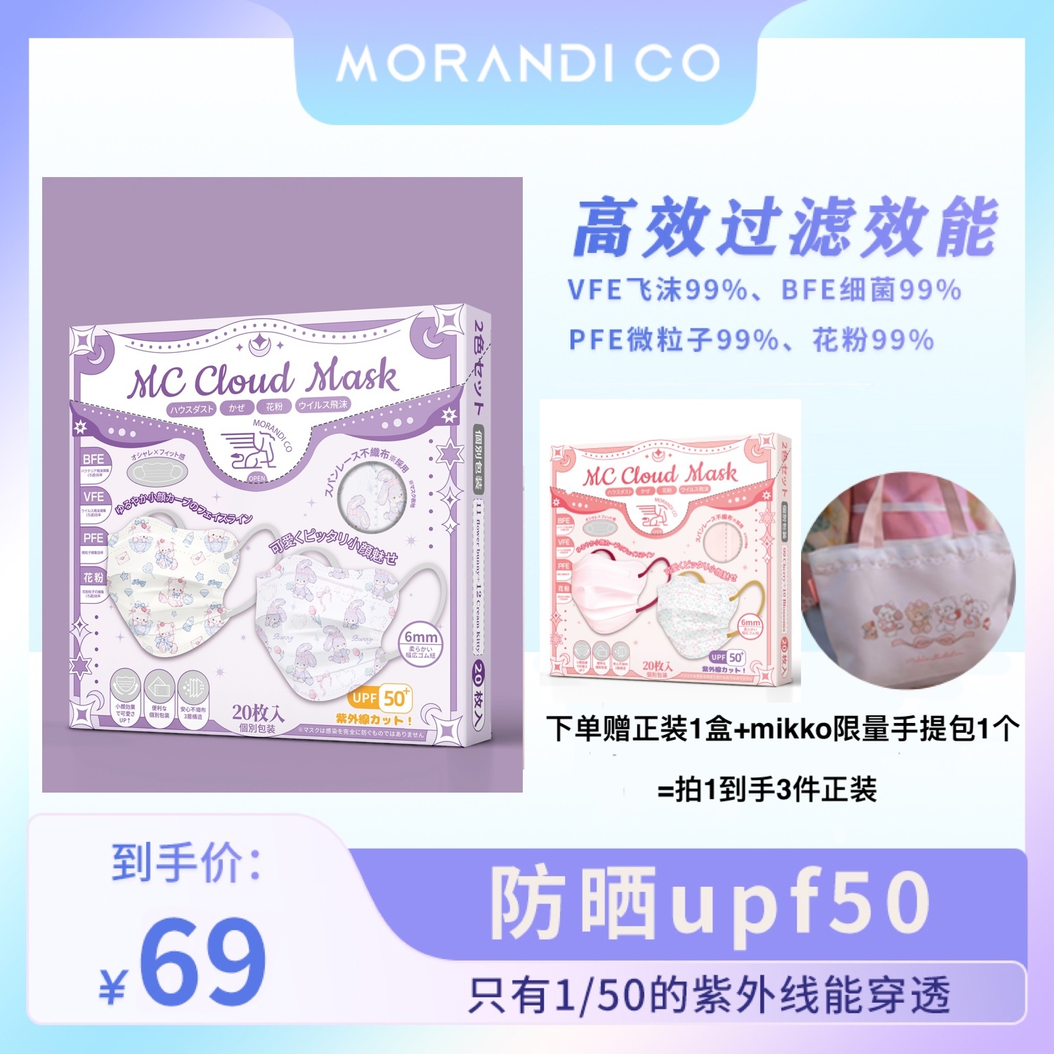 【大野脚专属】Morandi Co云朵MC薄款透气美颜可爱防晒口罩一次性