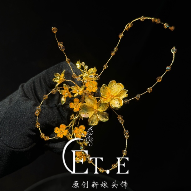 ETE ST2-12788 新款百搭仙气金色花花小侧边中式新娘饰品