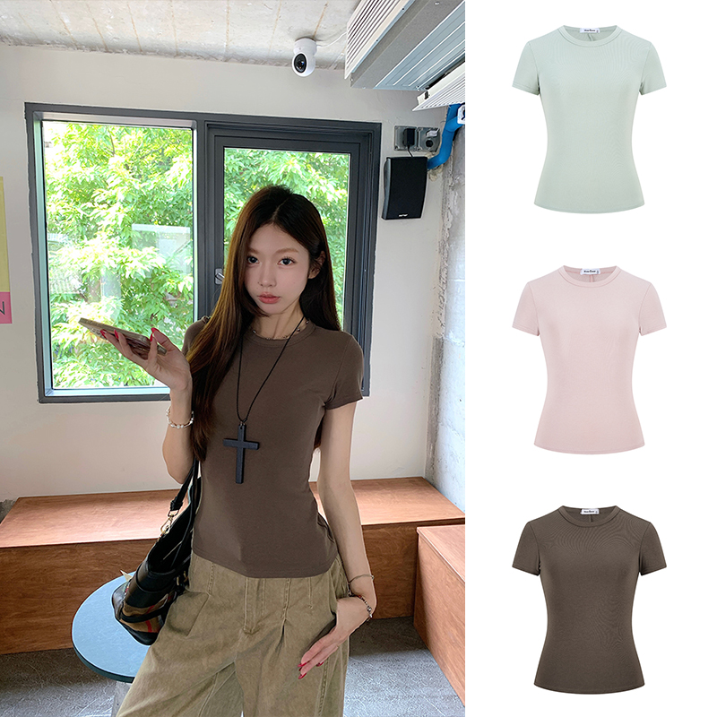 Moses Queen/魔西女王新款修身正肩圆领T恤女夏设计百搭短袖上衣