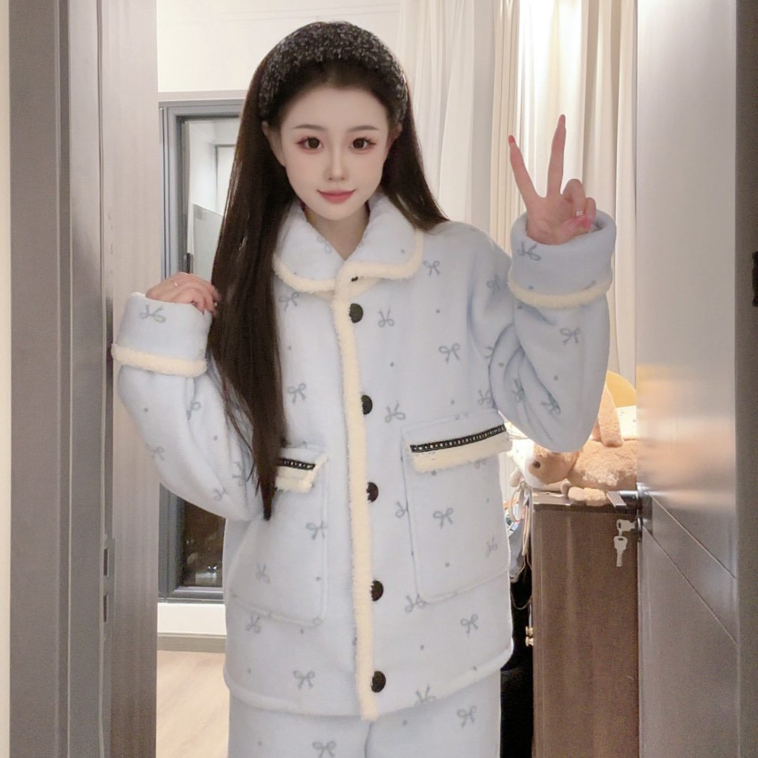 （甜心蓝）冬季甜美休闲加绒加厚毛绒绒睡衣家居服外穿小情新显瘦