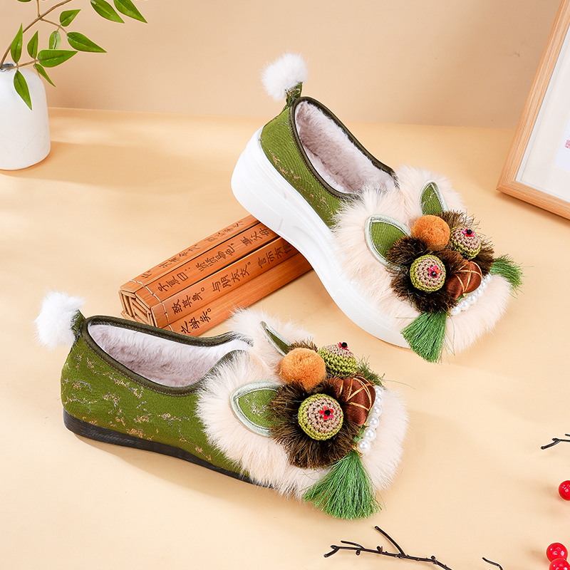 2025新款厚底平底兔毛保暖棉鞋手工鞋民族风1913-129+2022-318