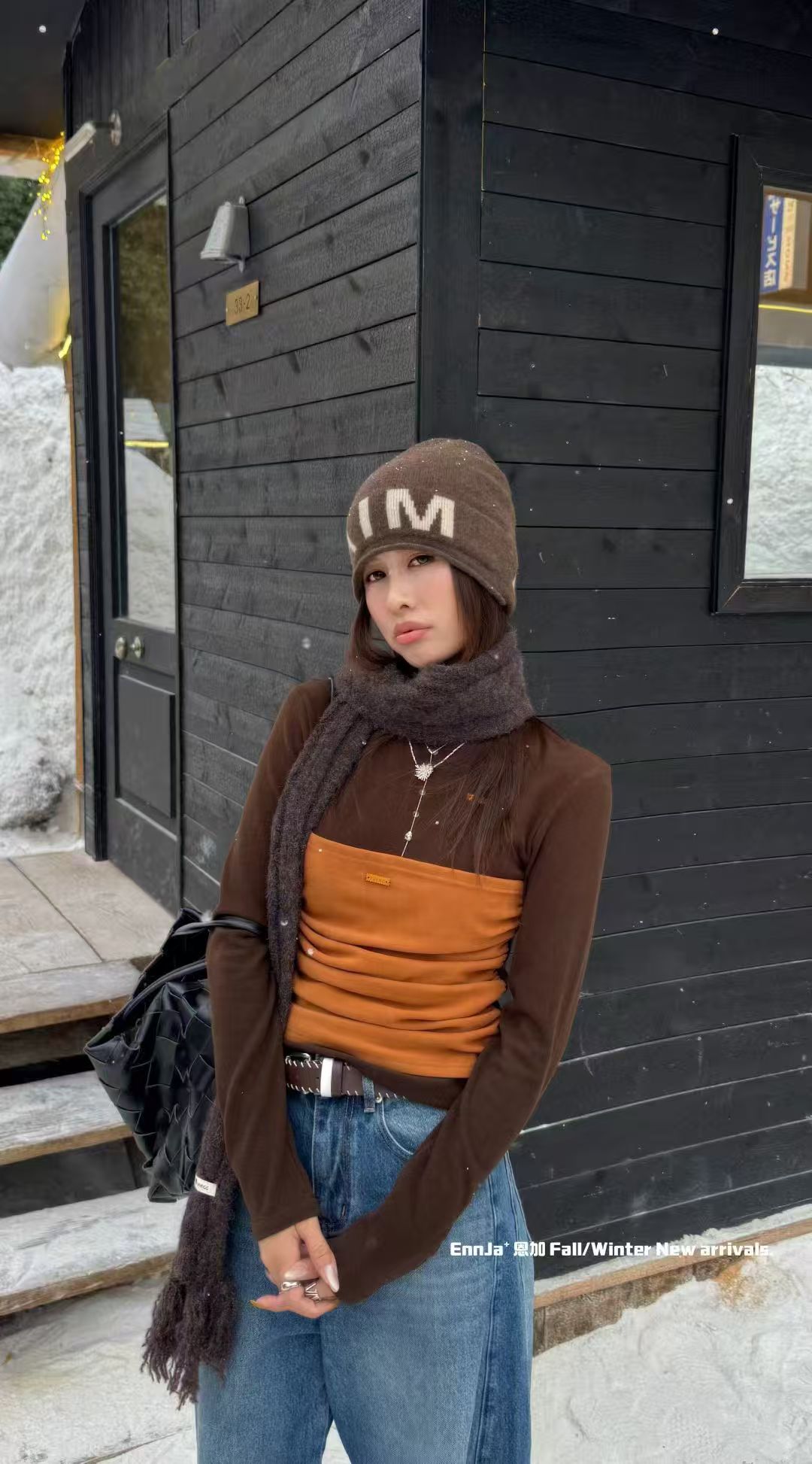 恩加-6302#复古撞色拼接假两件圆领上衣