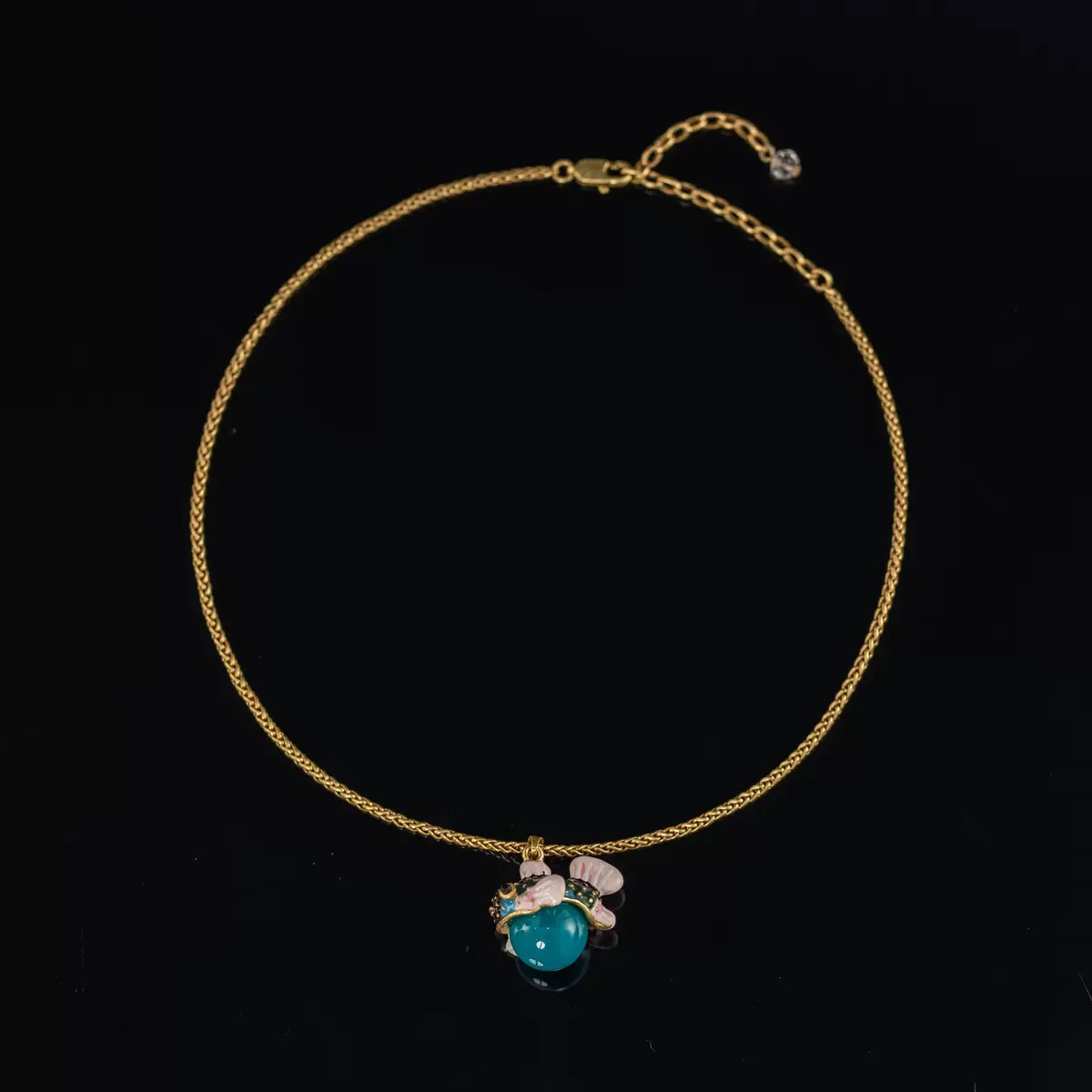 铜合金项链 项链耳饰套装中古可爱河豚蓝色圆珠石头珐琅吊坠