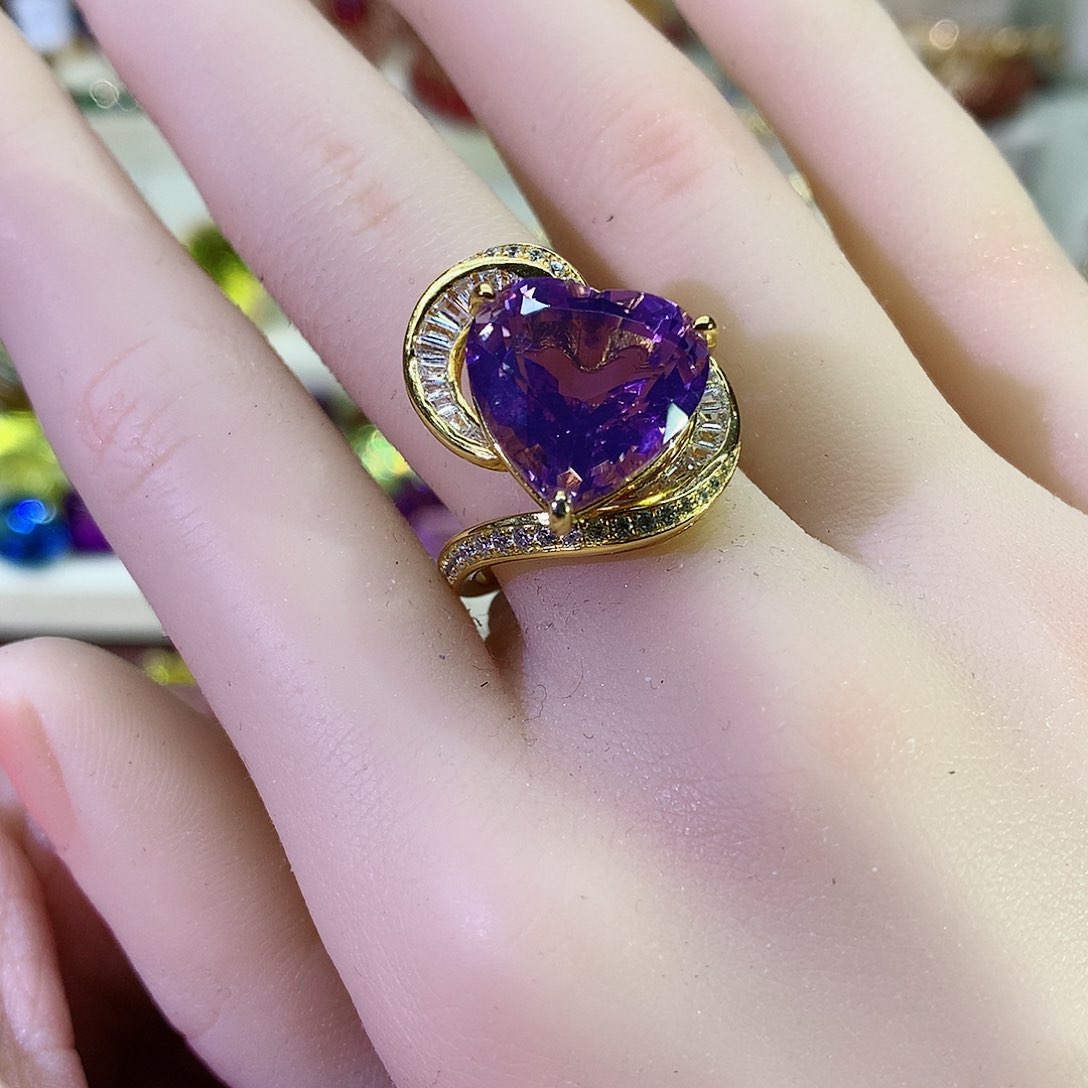 紫晶戒指银S925镀金镶嵌