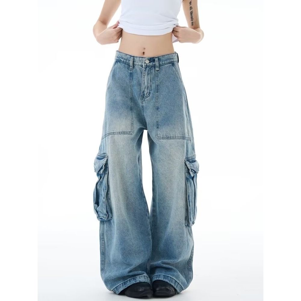 美式复古浅色弯刀工装牛仔裤男宽松多口袋水洗镰刀裤子女牛仔裤子