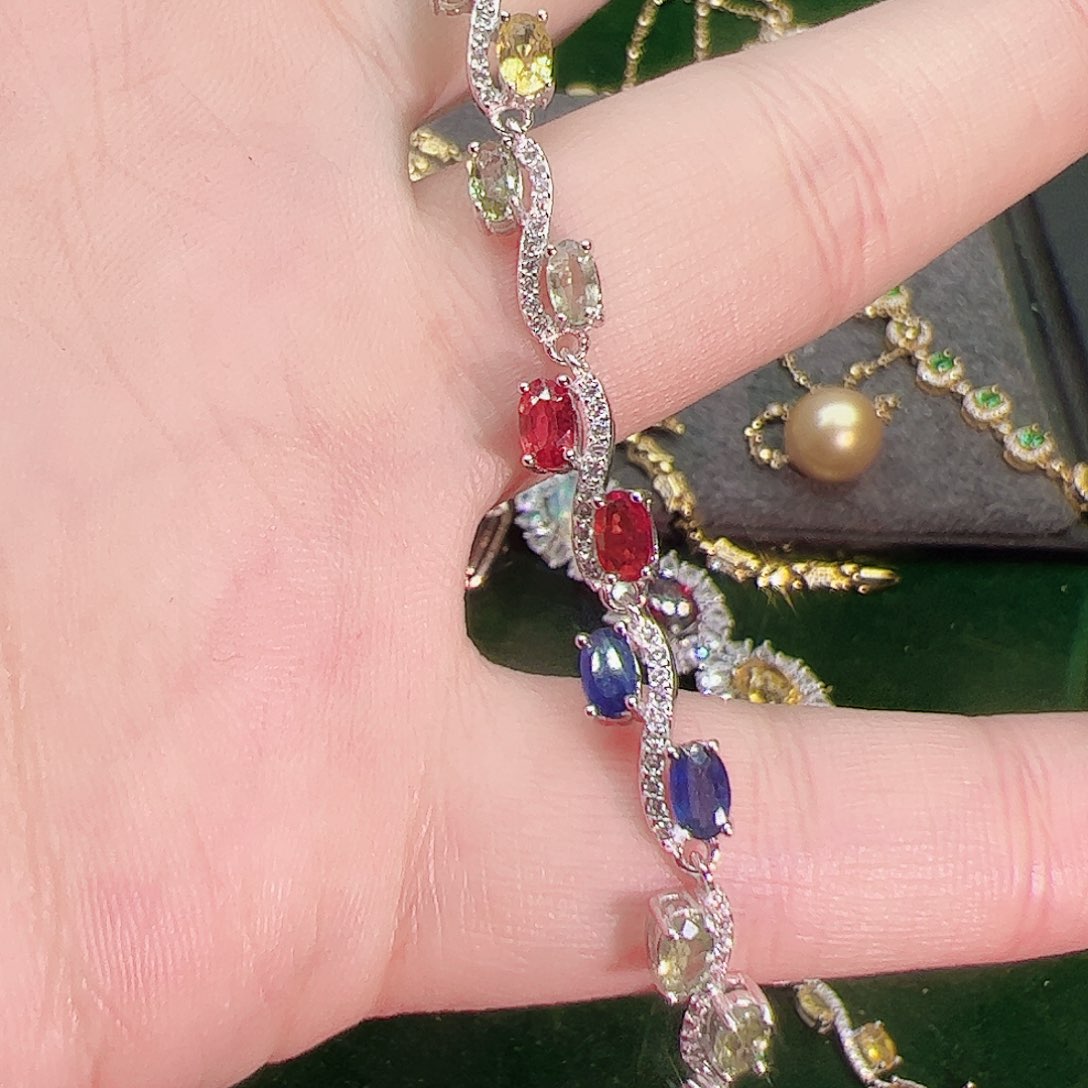 彩色蓝宝石手链银S925镶嵌