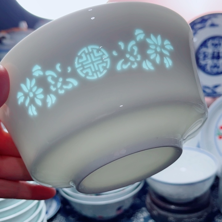 青花玲珑6.5寸面碗花雕刻小失圆