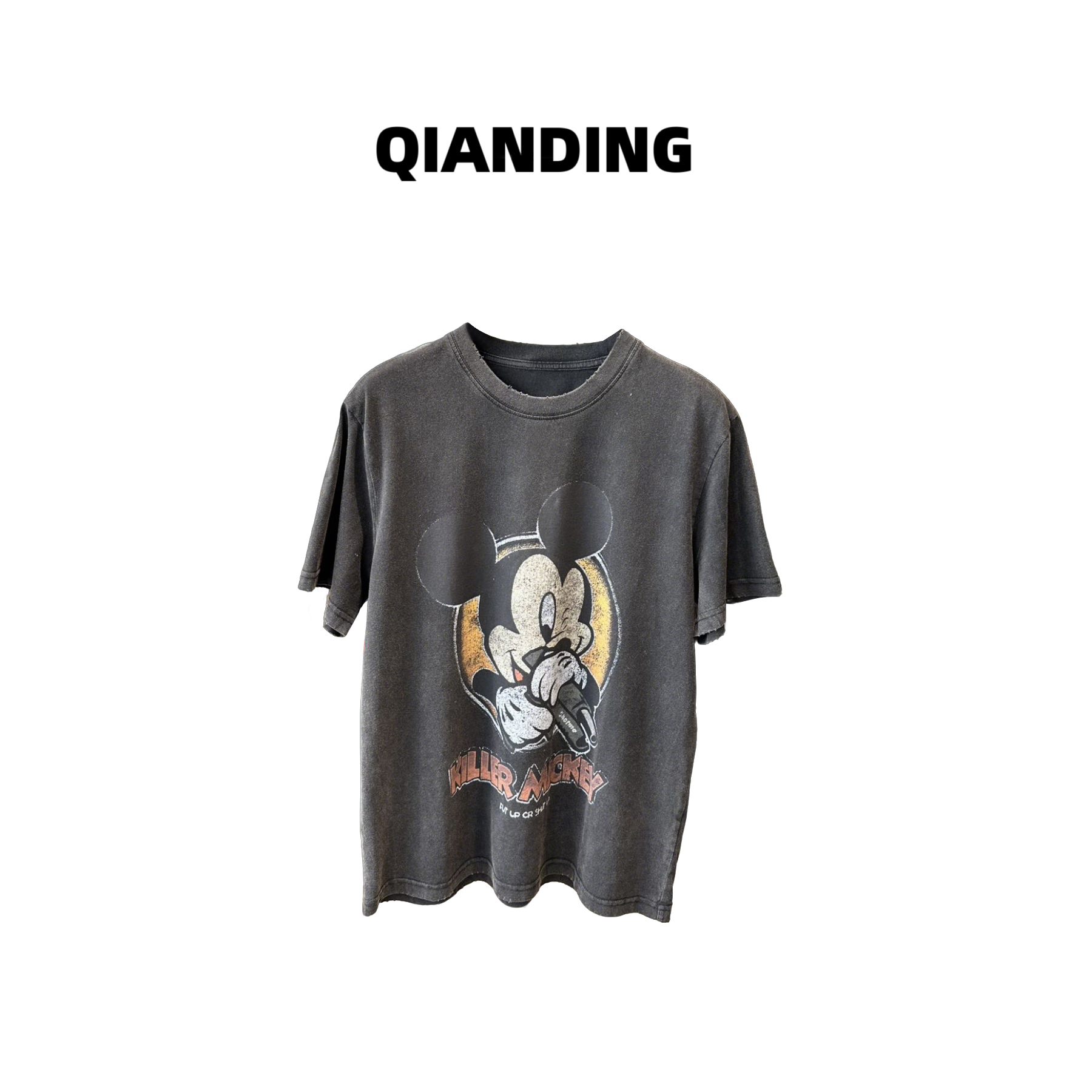 【QIANDING】【米奇】复古做旧美式街头摇滚米奇T恤26525