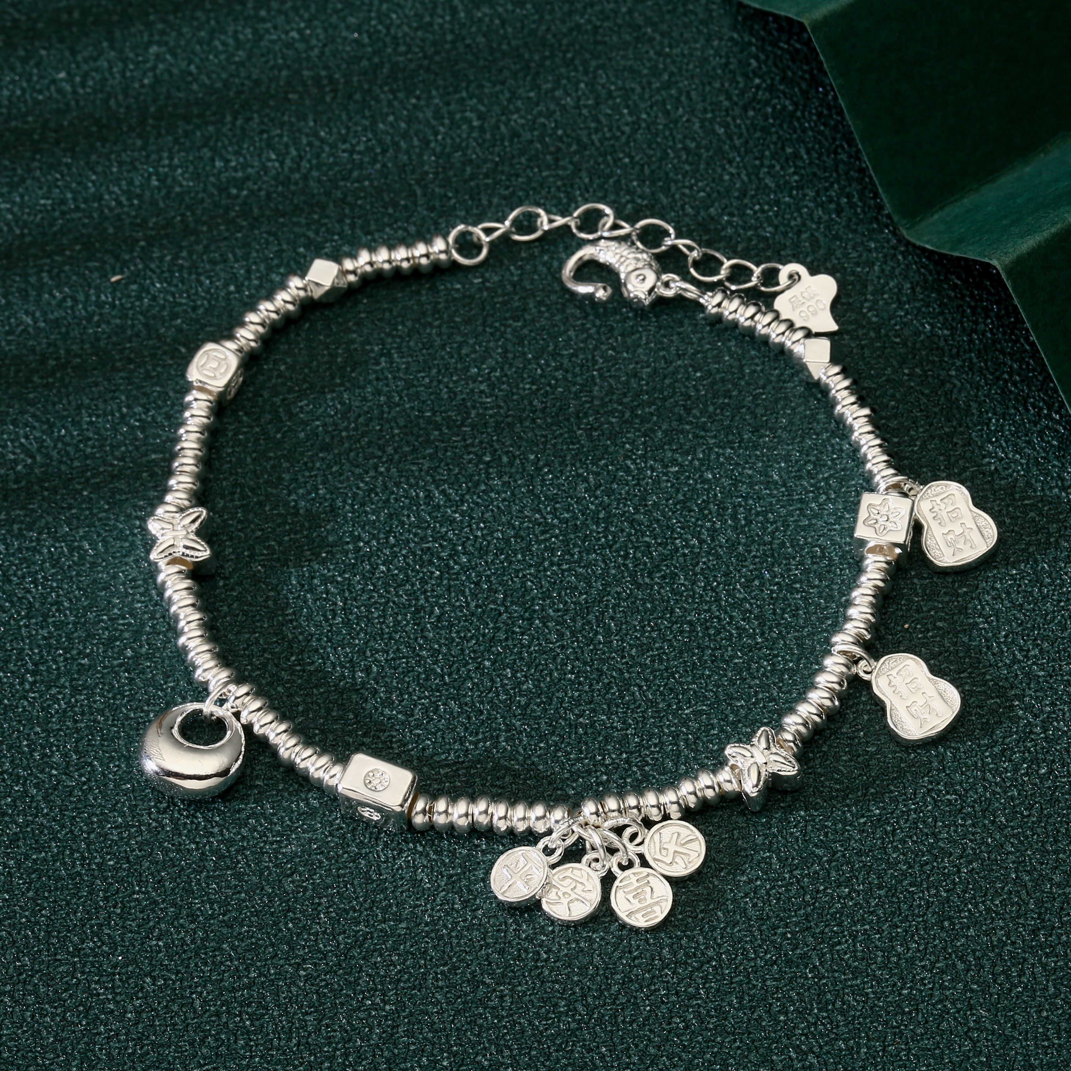 足银手链 足银990盘缠平安喜乐手链实心纯银葫芦招财银坨坨百搭