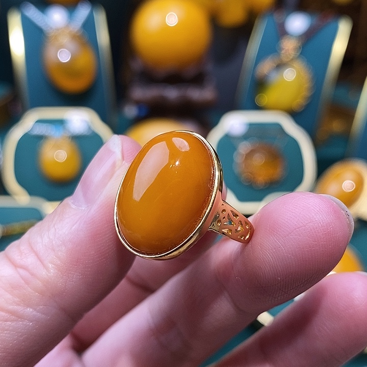 蜜蜡戒指银S925镀金镶嵌