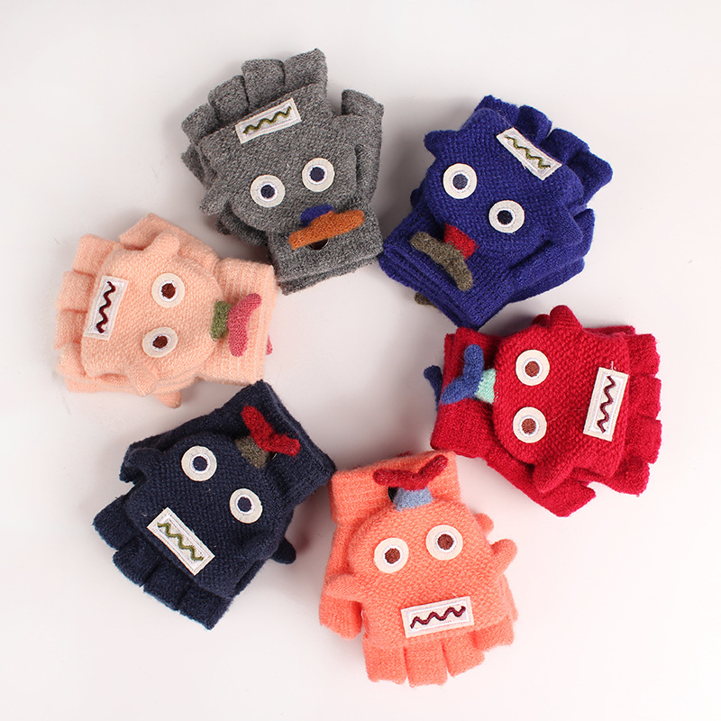 【3-10岁】冬季保暖男女儿童两用小学生卡通半指翻盖露指针织手套