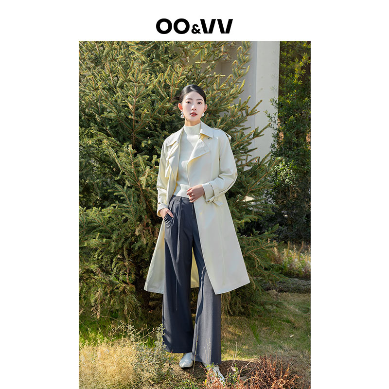 OO&VV【雪絮随风】2025春季新款大翻领风衣女长款韩版外套春季新款