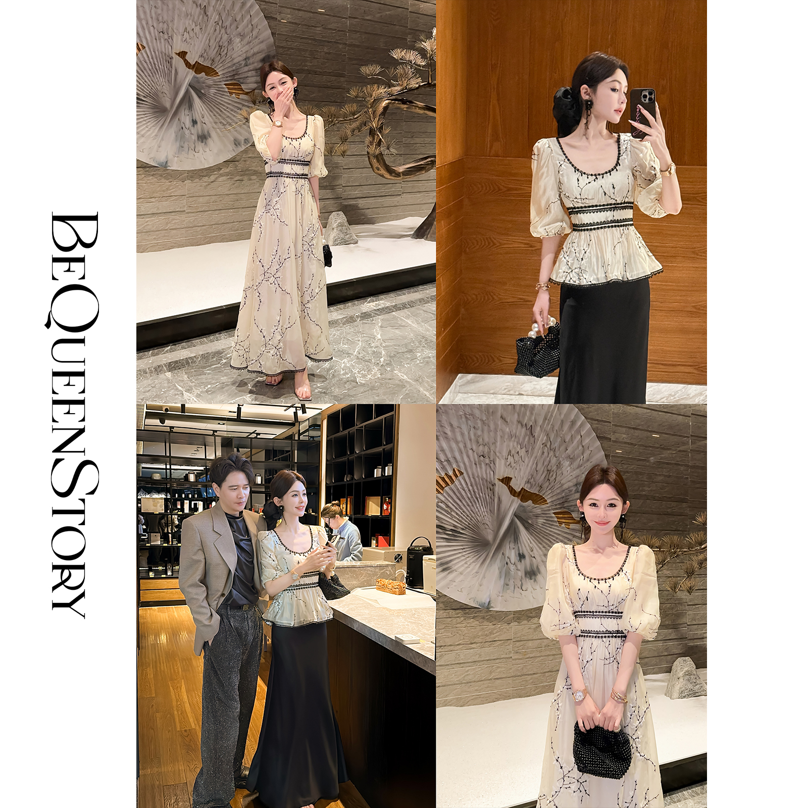 BeQueenStory【玉树琼枝】刺绣蕾丝花边经典大圆领透气上衣&连衣裙