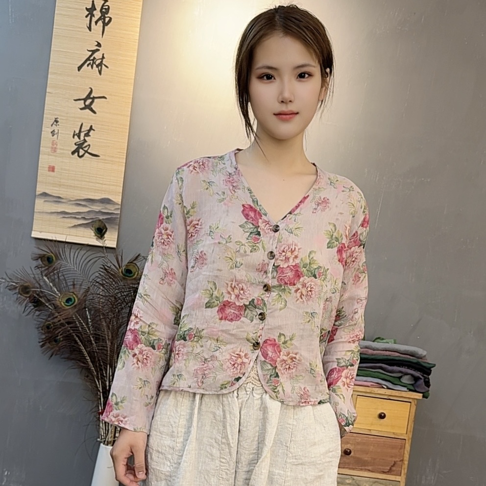 夏季新款苎麻数码印花短款上衣