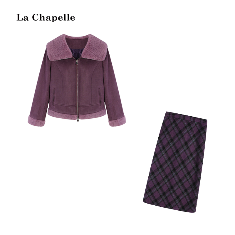 拉夏贝尔Homme/【紫薯芋泥】紫色上衣+格子裙子两件套LA5ZL114024
