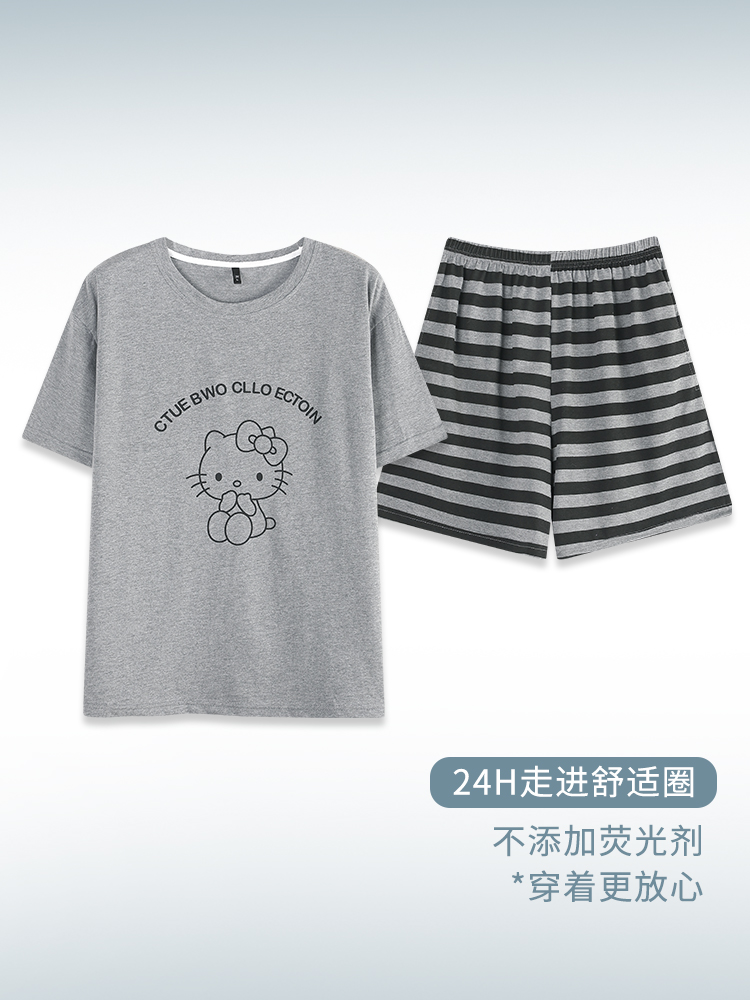 Y8085夏季新款纯棉女士套头睡衣套装 时尚可爱猫花灰棉家居服