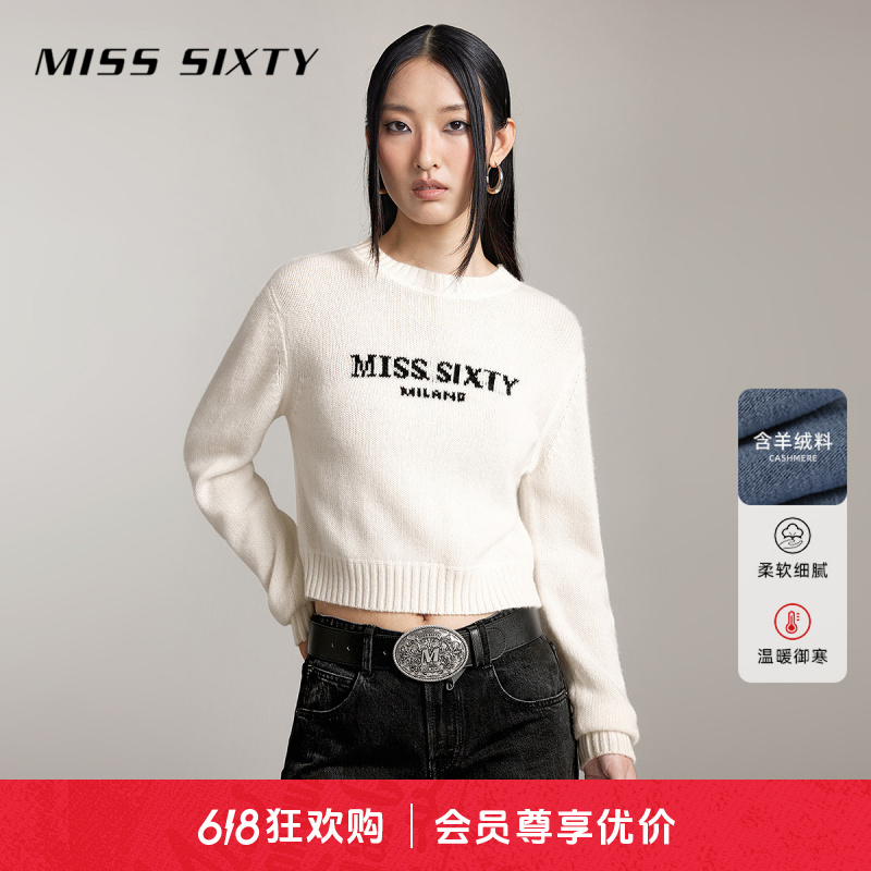 Miss Sixty秋季新款针织衫女圆领短款撞色提花毛衣