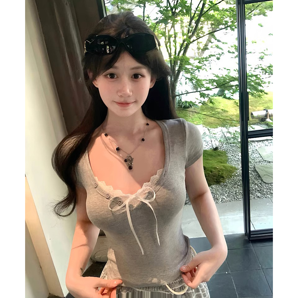 设计感蝴蝶结收腰显瘦上衣辣妹风拼接蕾丝花边领短袖T恤女夏季