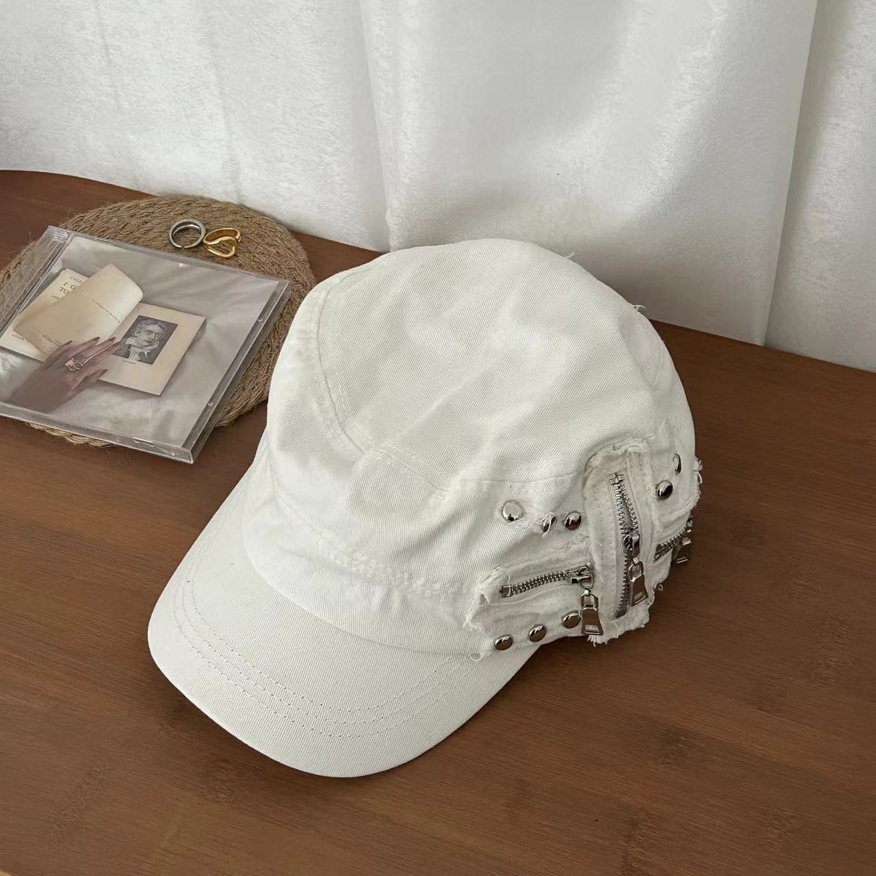 PRO813街头辣妹风铆钉拉链平顶帽女小众重工y2k复古潮酷鸭舌帽子