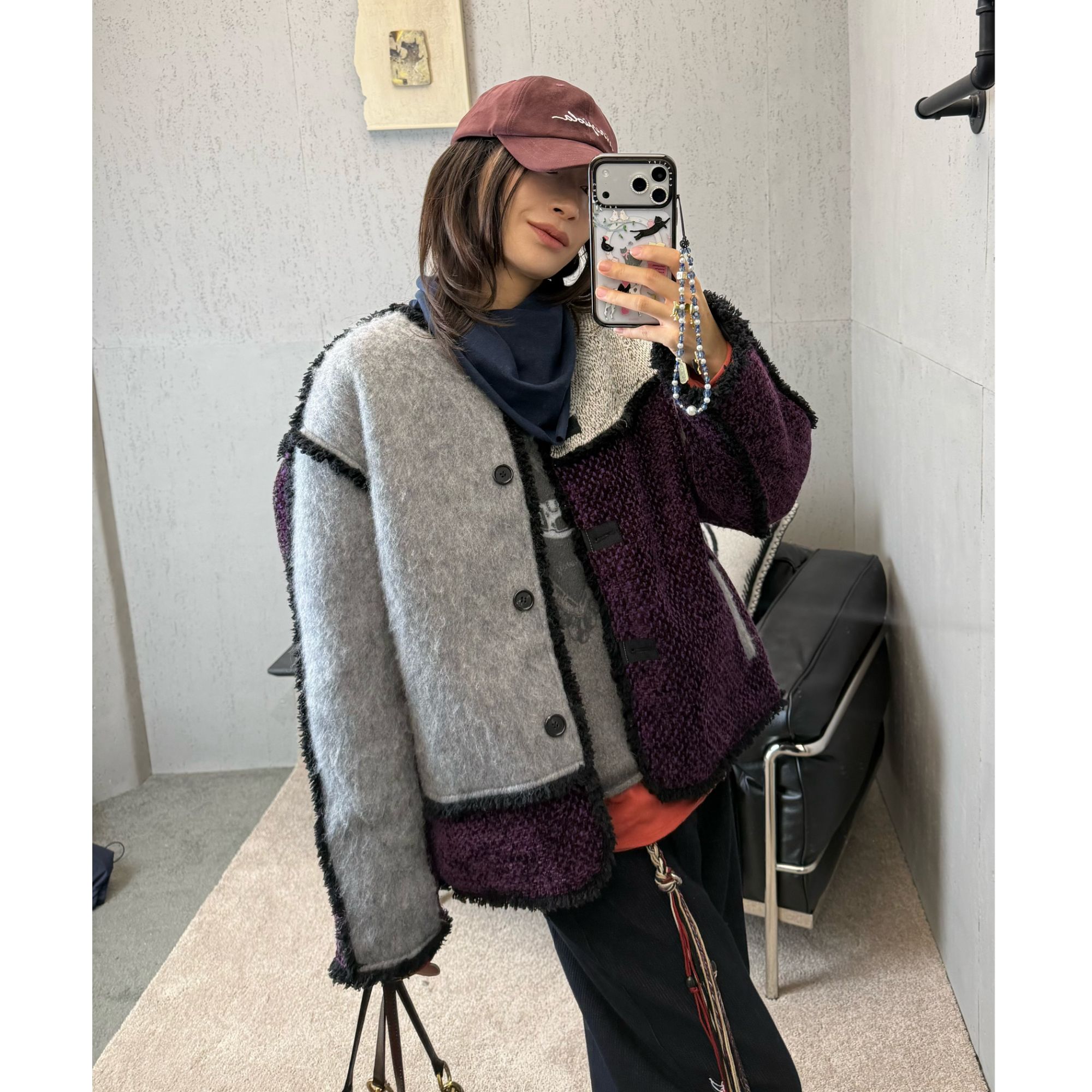 Harosey秋冬新品时尚拼接撞色羊毛外套