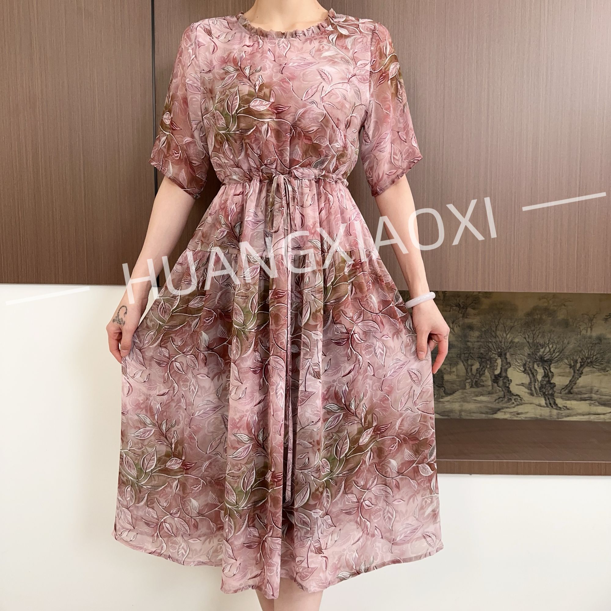HUANGXIAOXI 樱花粉洋气树叶气质减龄抽绳款连衣裙ZF-1066