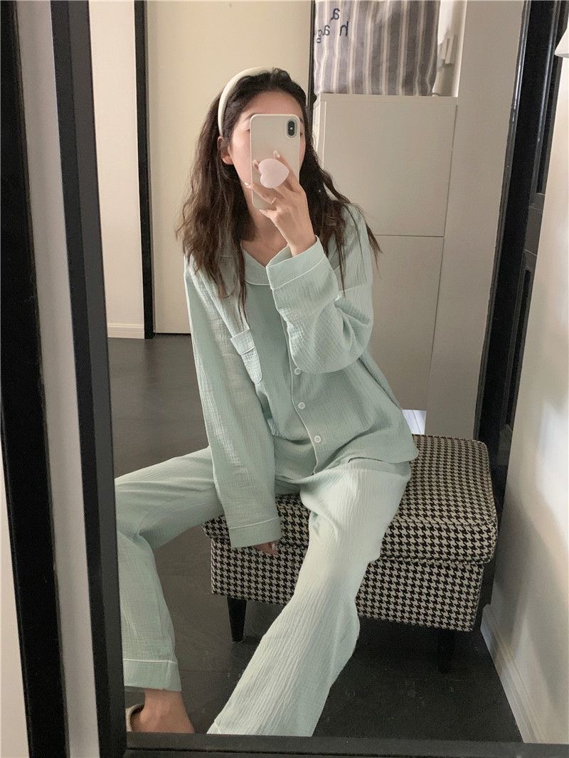 ins风睡衣女长袖薄款春秋季舒适婴儿感开衫简约纯色居家服套装