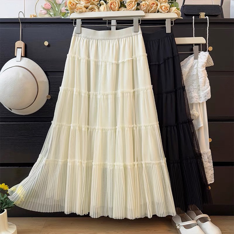 2025显瘦白色高腰时尚百搭夏季中长款网纱裙