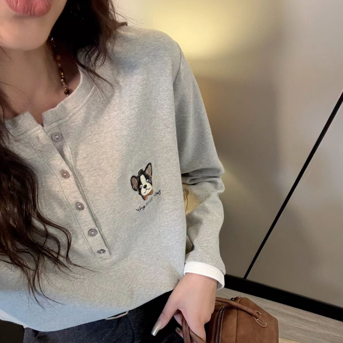 秋冬yongwill小羊纸袋1220法斗开扣拼假两件长袖T恤显瘦韩版软糯