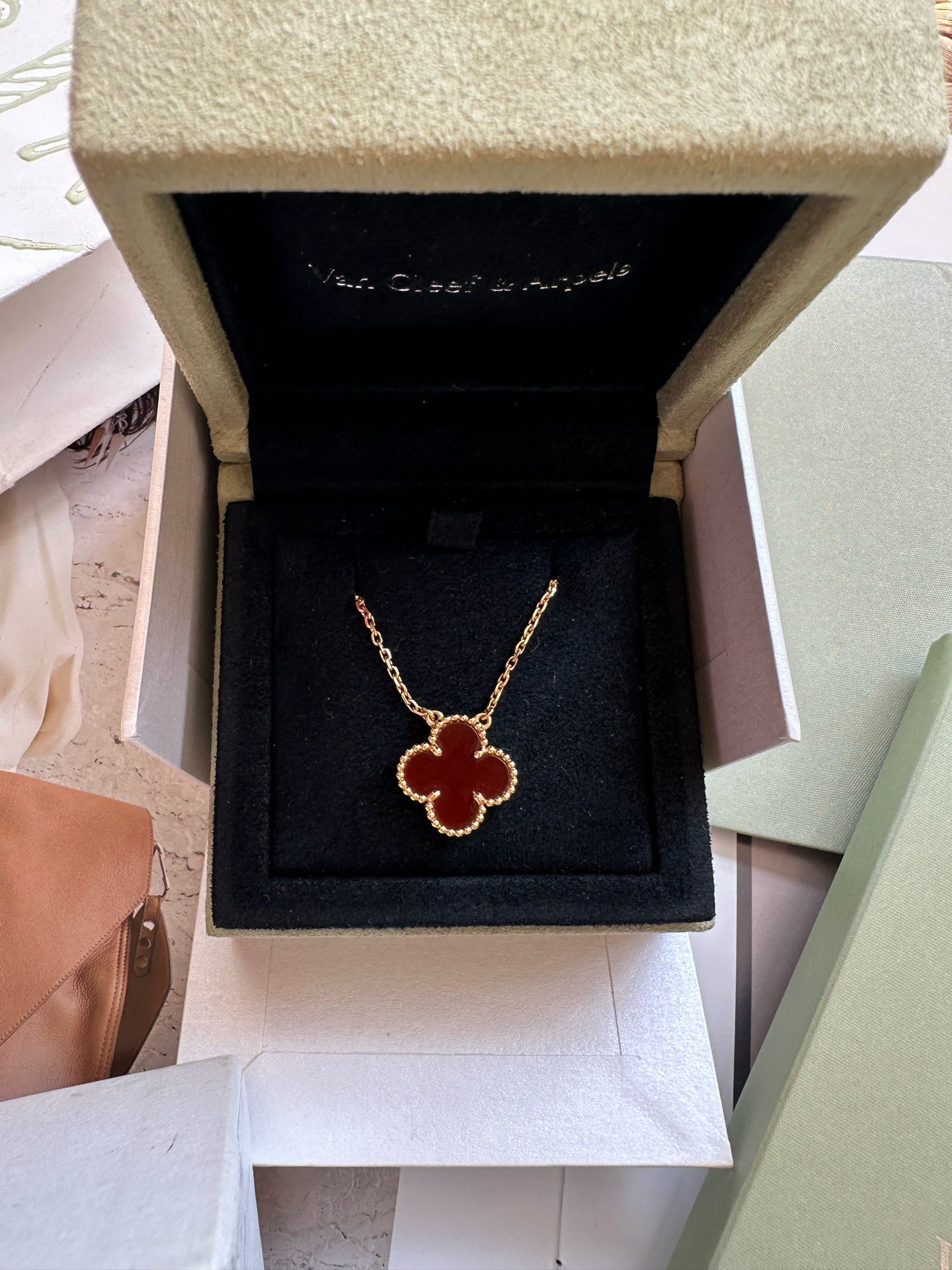 99新 梵克雅宝 中号18k黄金红玉髓四叶草项链 全套