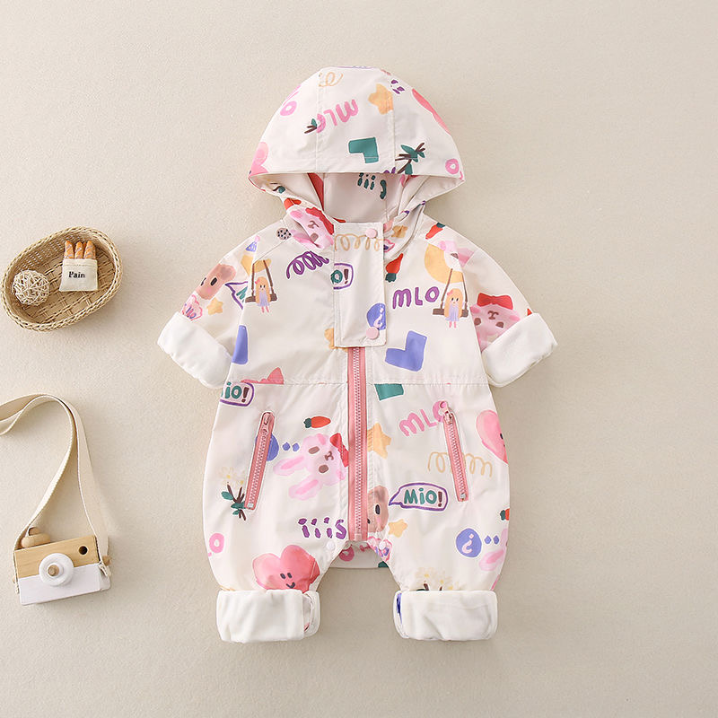 秋冬季新款涂鸦冲锋衣加绒男女宝外出爬服婴儿卡通连体衣包屁哈衣