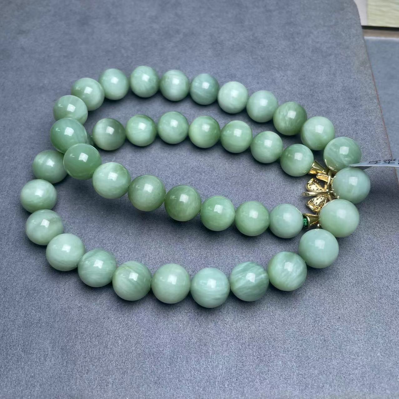 【迈越珠宝3308】天然和田玉粉青猫眼妈妈链12mm左右猫眼项链时尚