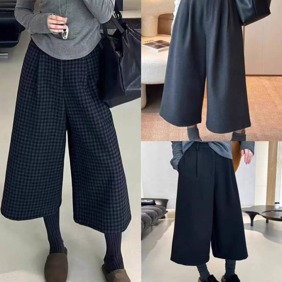 爆款高腰直筒毛呢裤时尚格子八分裤2025年秋季小个子休闲百搭女裤