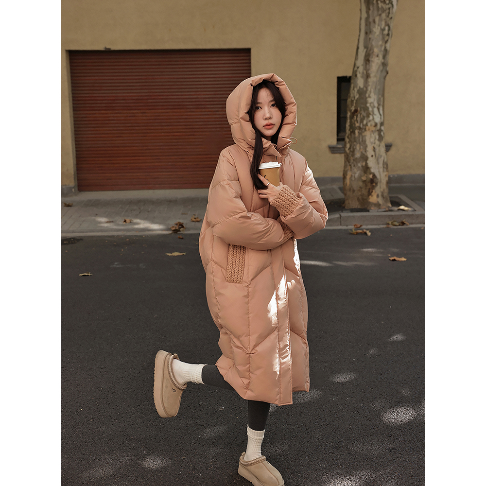 张贝贝ibell过膝百搭连帽羽绒服新款宽松抗寒加厚保暖长款外套女