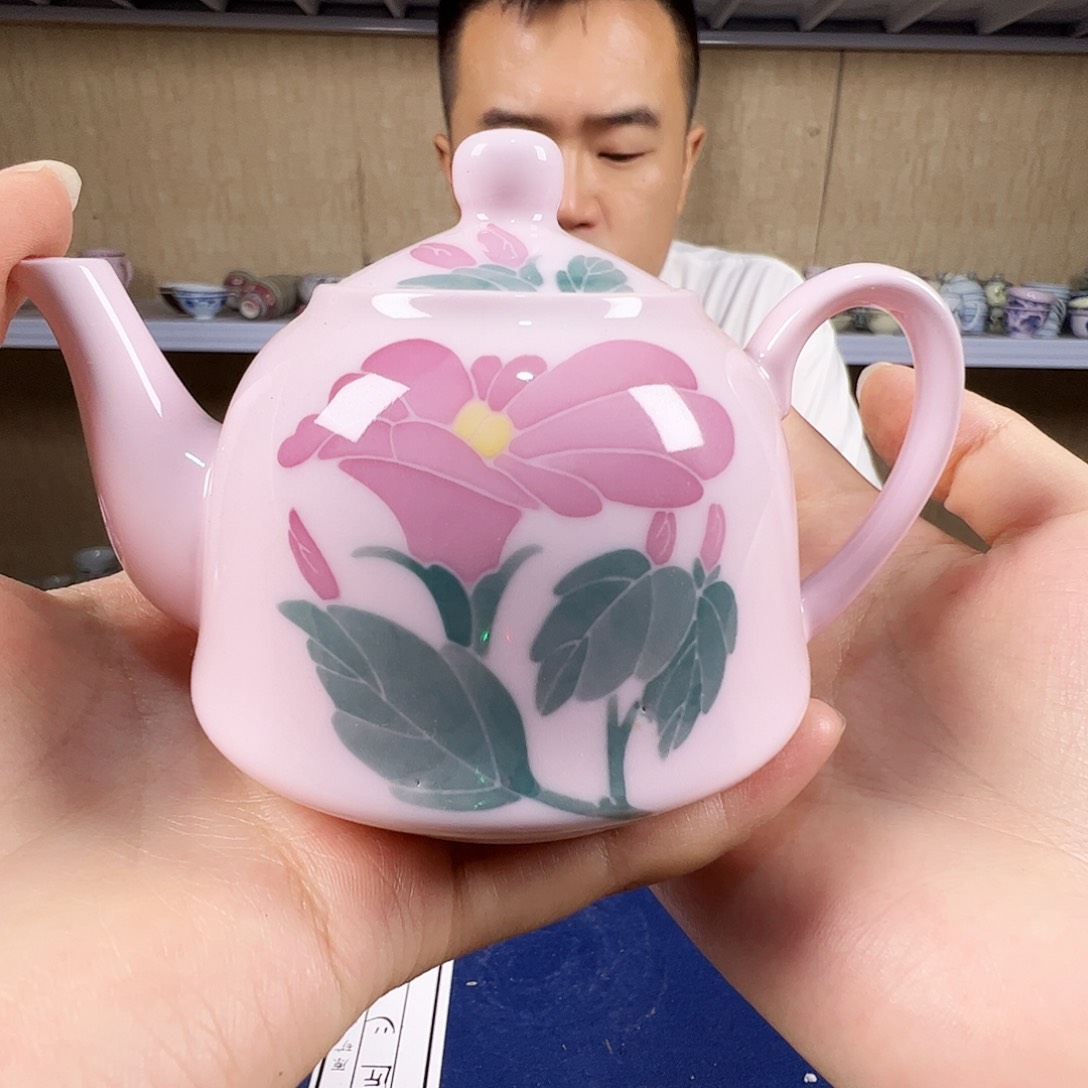 瓷片景德镇陶瓷红嘻嘻牵牛花壶一只