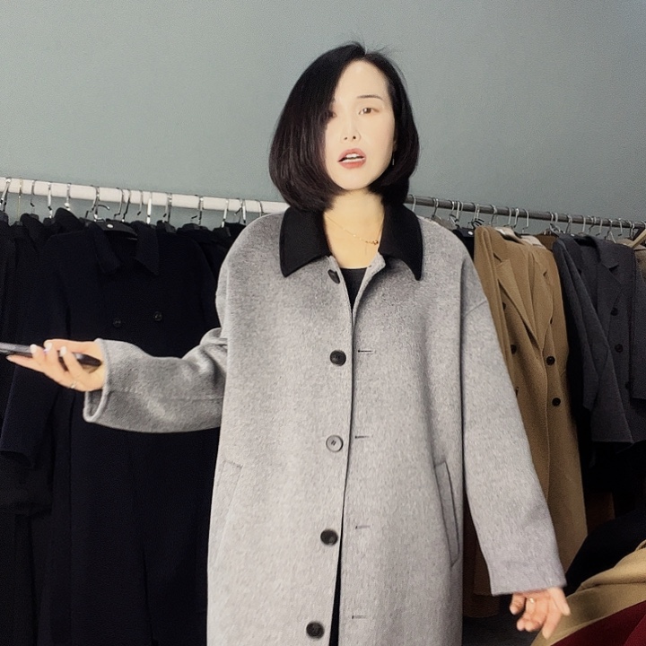 双面呢大衣M码灰色长款
