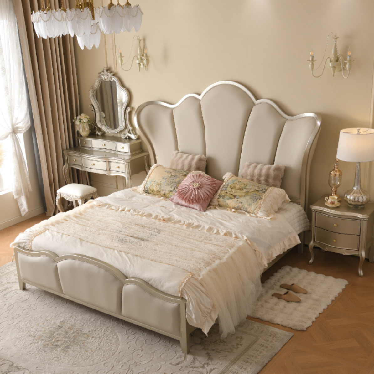 法式皮艺白色法式双人床婚床高箱环保油漆实木床奢华