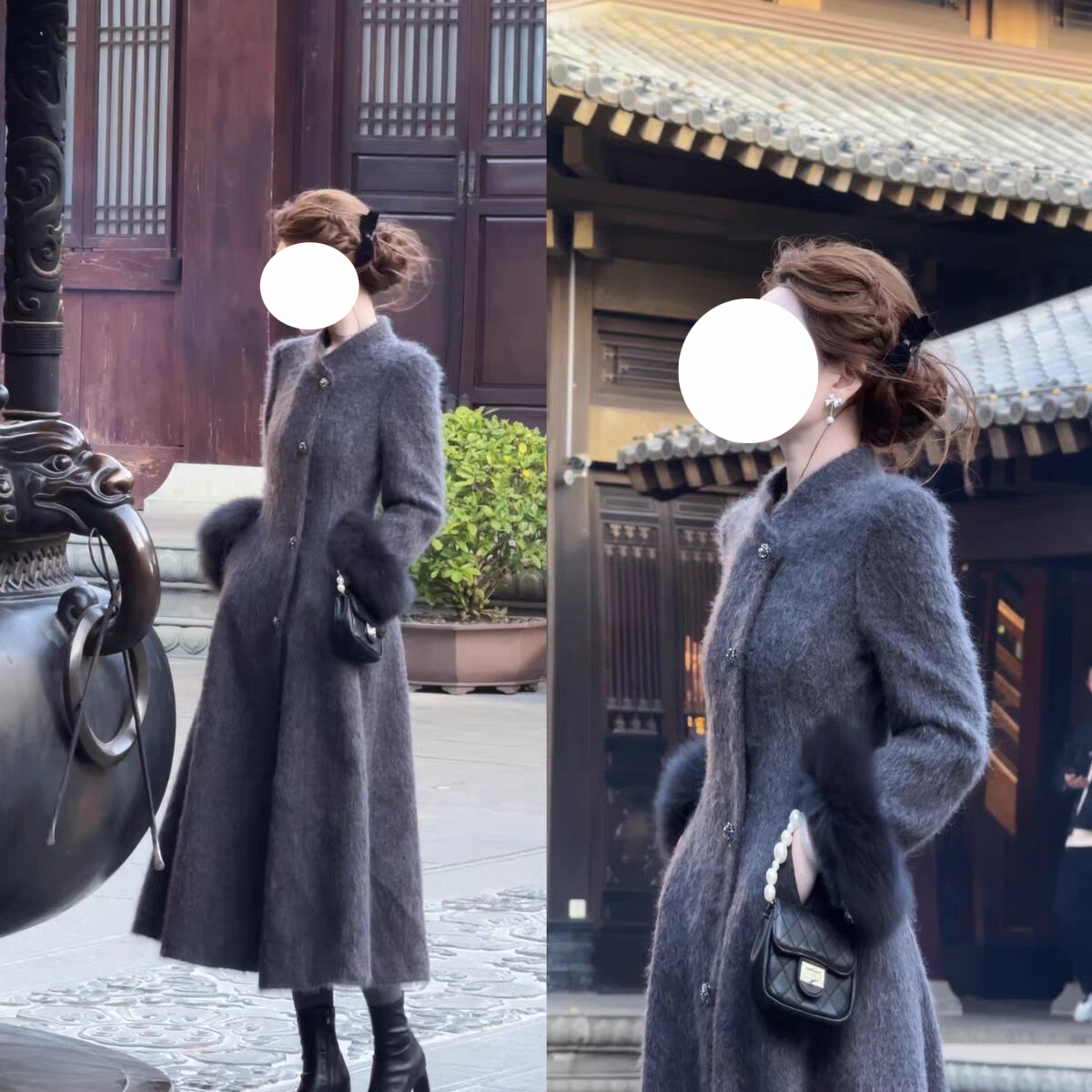 灰色拉绒收腰呢子大衣女中长款冬季高级感千金复古毛毛袖毛呢外套