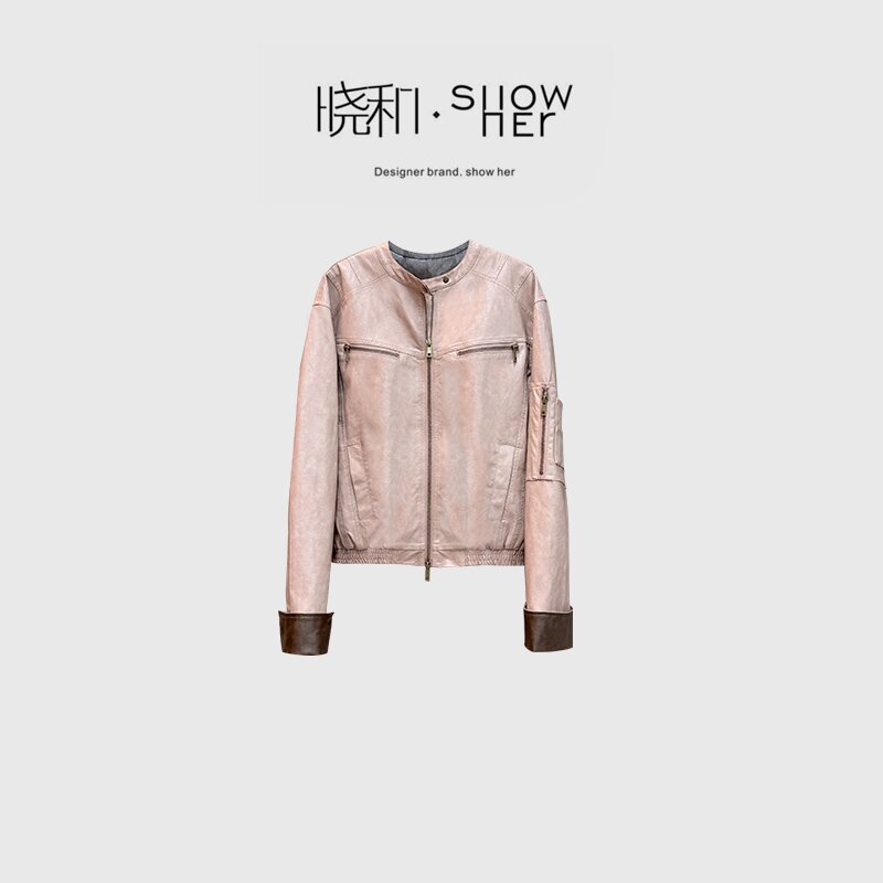 SHOW HER【希芝】圆领立领皮夹克女装上衣宽松型气质秋季女
