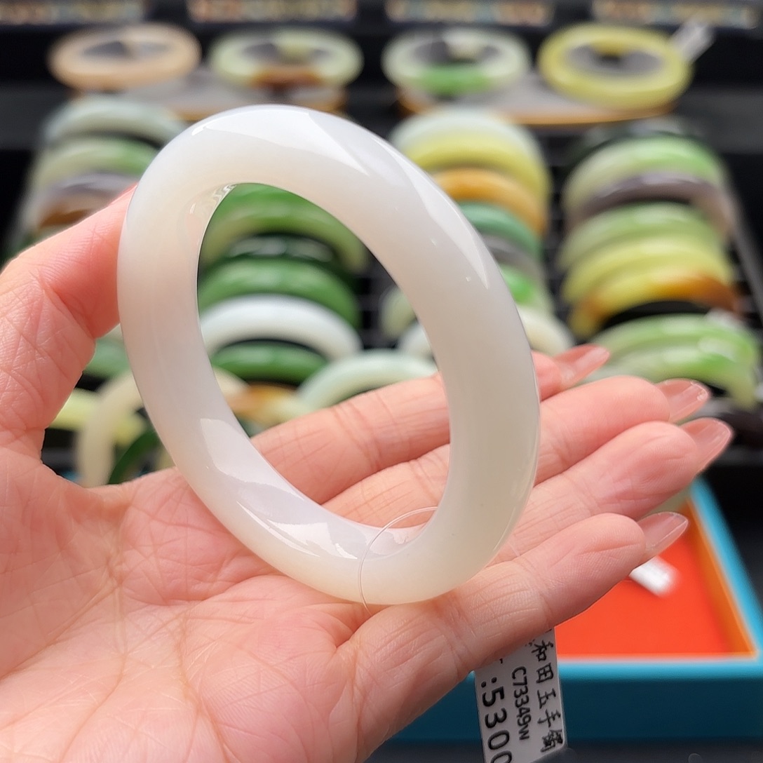 和田玉未镶嵌手镯羊脂白玉万内漏镯53.9