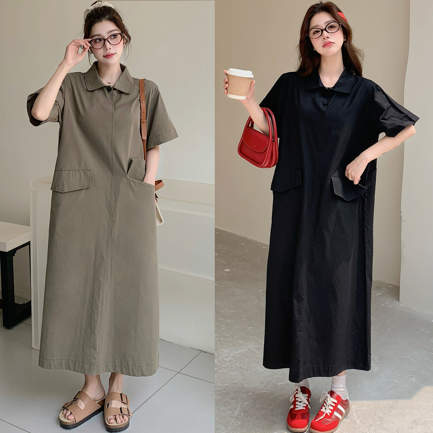 2025夏新款/休闲工装风翻领大口袋裙子宽松长款连衣裙