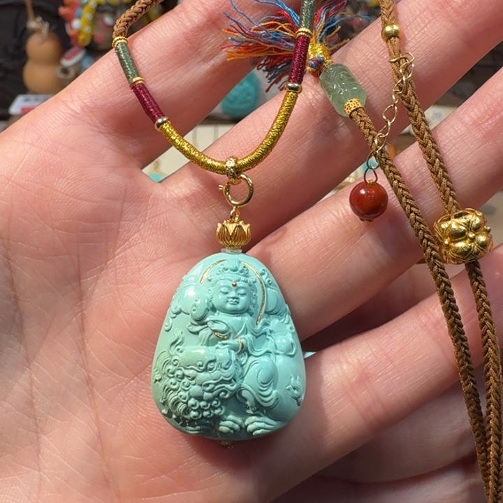 绿松石18K金镶嵌项链文殊菩萨