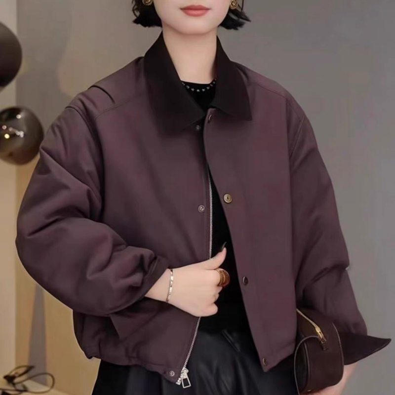 撞色翻领短款棉服女2025新款韩版宽松显瘦百搭棉衣棉袄外套 2009