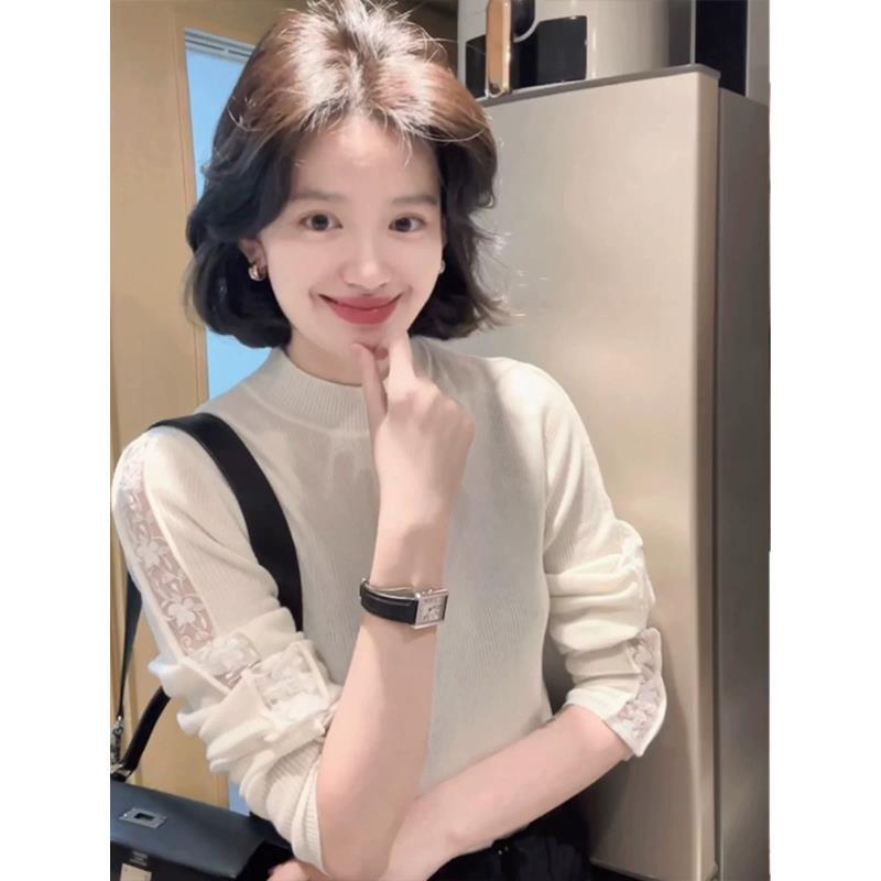 98120#镂空钩花蕾丝拼接秋冬新款高级感洋气显瘦打底